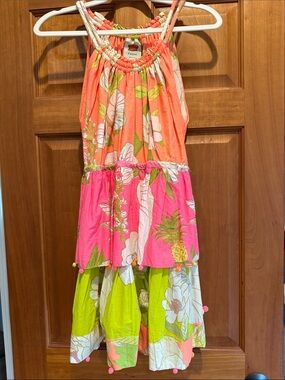 FARM Rio Coral, Pink & Lime Tiered Tropical Halter Dress